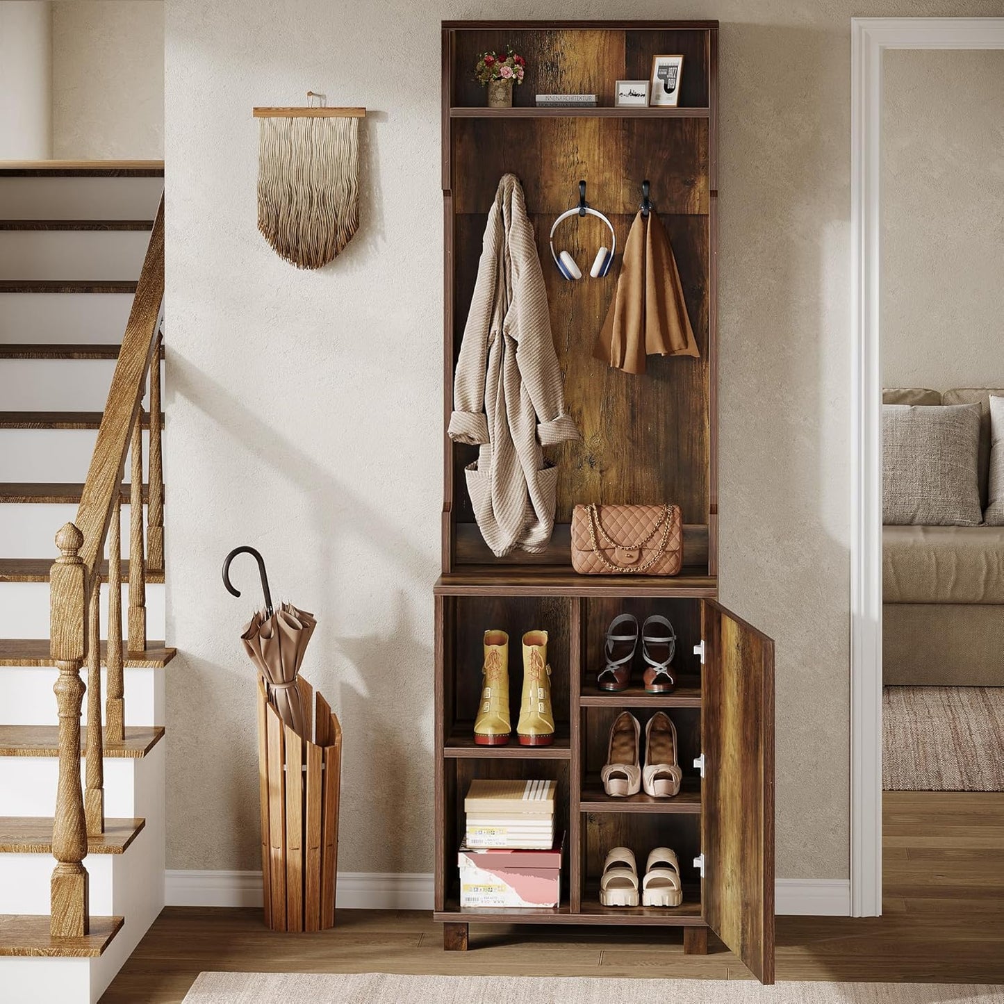 3-In-1 Entryway Hall Tree with Storage, Farmhouse Hall Tree with Coat Rack, Top Storage and Shoe Cabinet for Entryway, Hallway, Bedroom, Rustic Brown
