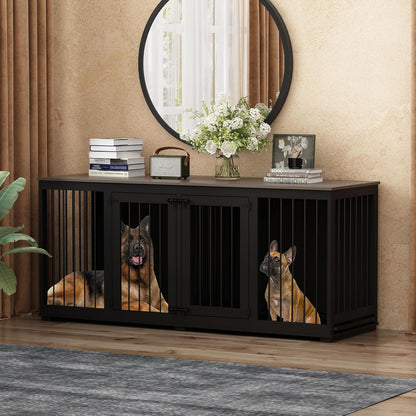 Large Funiture Style Dog Crate for 2 Dogs, 70" Wooden Dog Kennel Furniture with Removable Divider & 2 Trays, Indoor Heavy Duty Dog House W/Double Rooms for Large Medium Dogs, Black