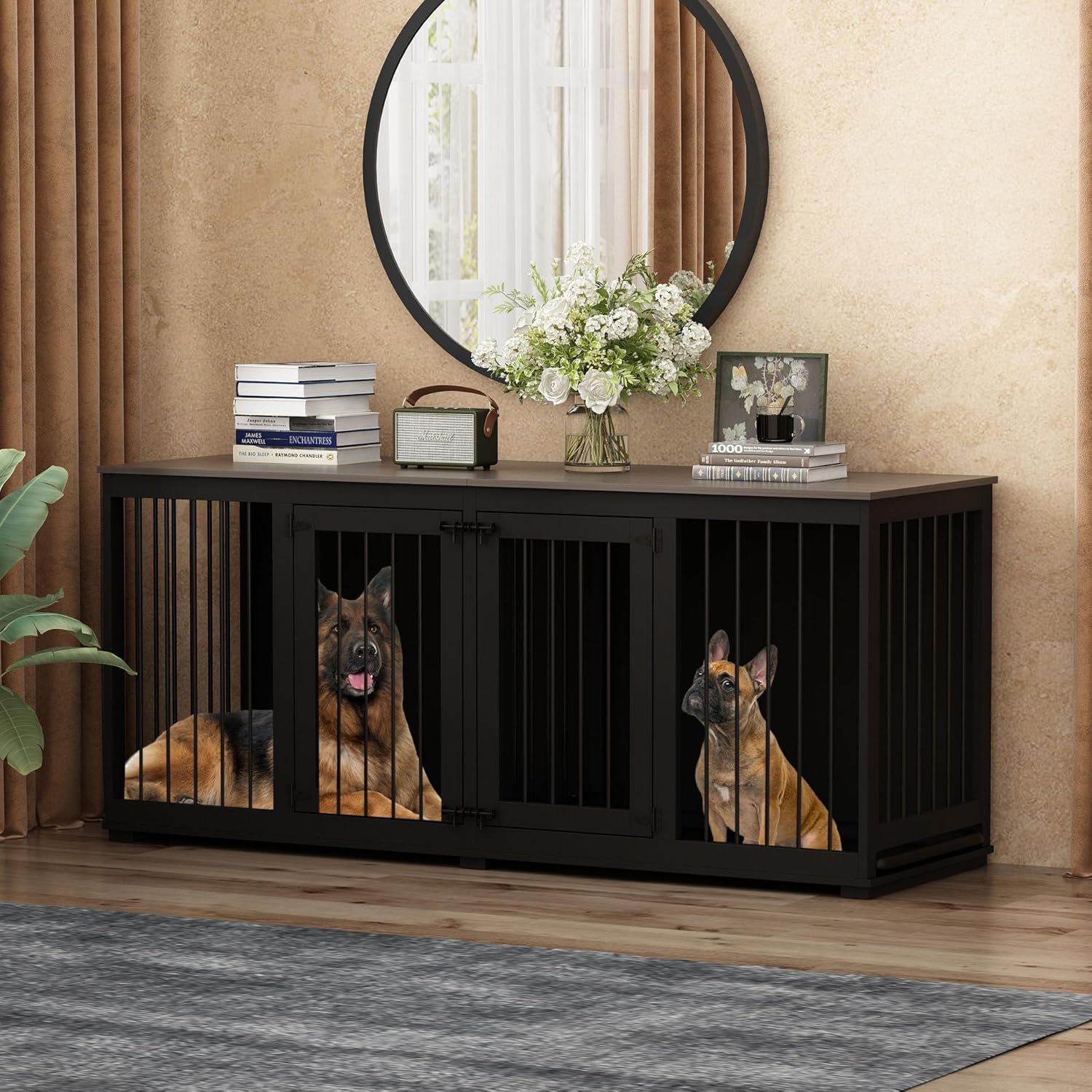 Large Funiture Style Dog Crate for 2 Dogs, 70" Wooden Dog Kennel Furniture with Removable Divider & 2 Trays, Indoor Heavy Duty Dog House W/Double Rooms for Large Medium Dogs, Brown