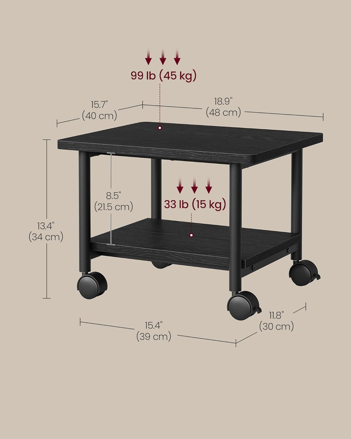 Heavy-Duty Printer Stand with Locking Wheels, 2-Tier Industrial Mobile Cart with Storage Shelf, under Desk Printer Table for Home, Office, 13.4" Height, Ebony Black UOPS02B