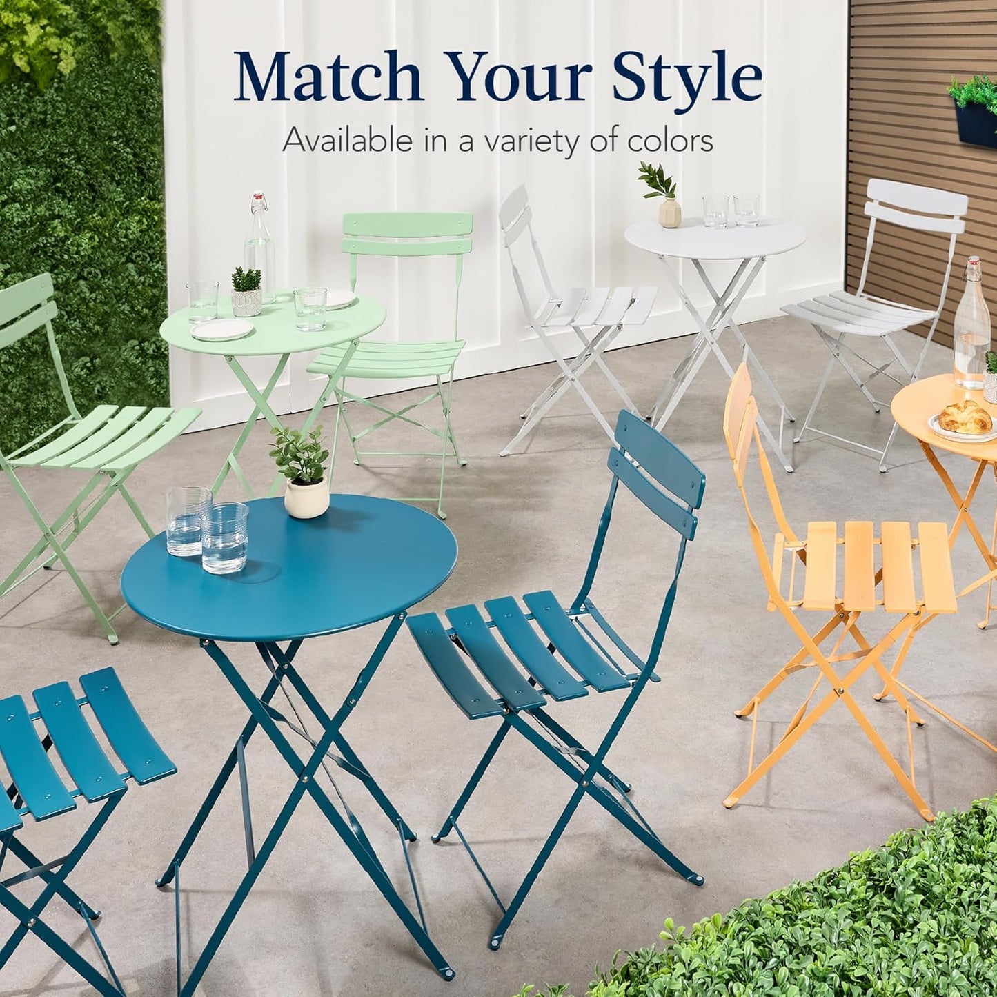 3-Piece Bistro Set, Space Saving Folding Design, Solid Steel, Outdoor Patio Furniture Set W/ 2 Chairs, Bistro Table - Sage