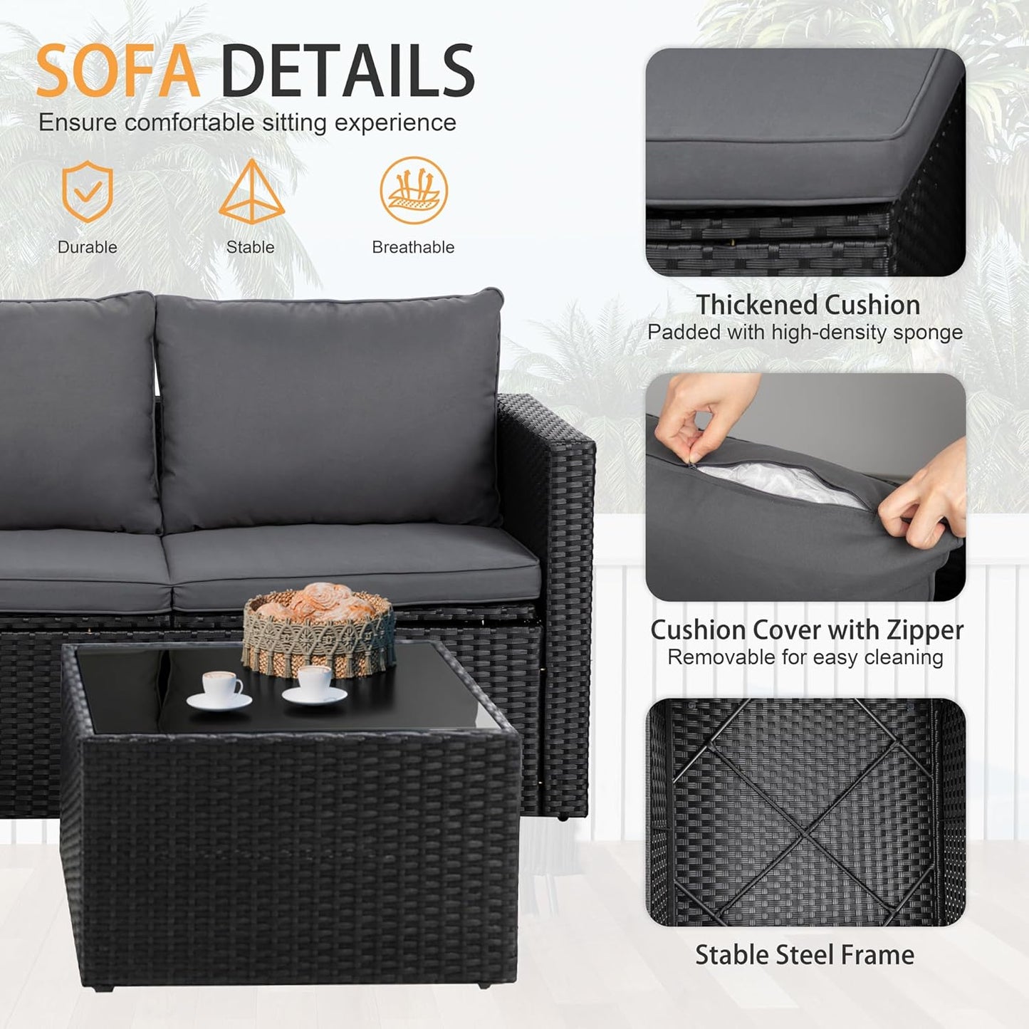 4 Pieces Patio Furniture Sets, Outdoor Sofa Patio Sectional Sets All Weather, 2-In-1 Wicker Rattan Seating Sofa Couch with Cushions & Coffee Table for Yard, Garden, Porch, Poolside (Gray)