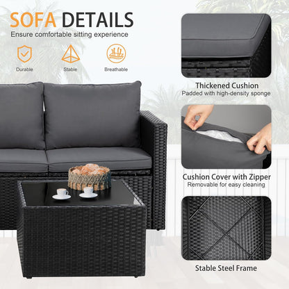 4 Pieces Patio Furniture Sets, Outdoor Sofa Patio Sectional Sets All Weather, 2-In-1 Wicker Rattan Seating Sofa Couch with Cushions & Coffee Table for Yard, Garden, Porch, Poolside (Gray)