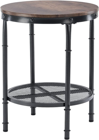 20" Side Table, round End Tables Living Room, Industrial Small End Table with Metal Mesh, Rustic Farmhouse Side Tables for Bedroom, Office, Corner, Walnut