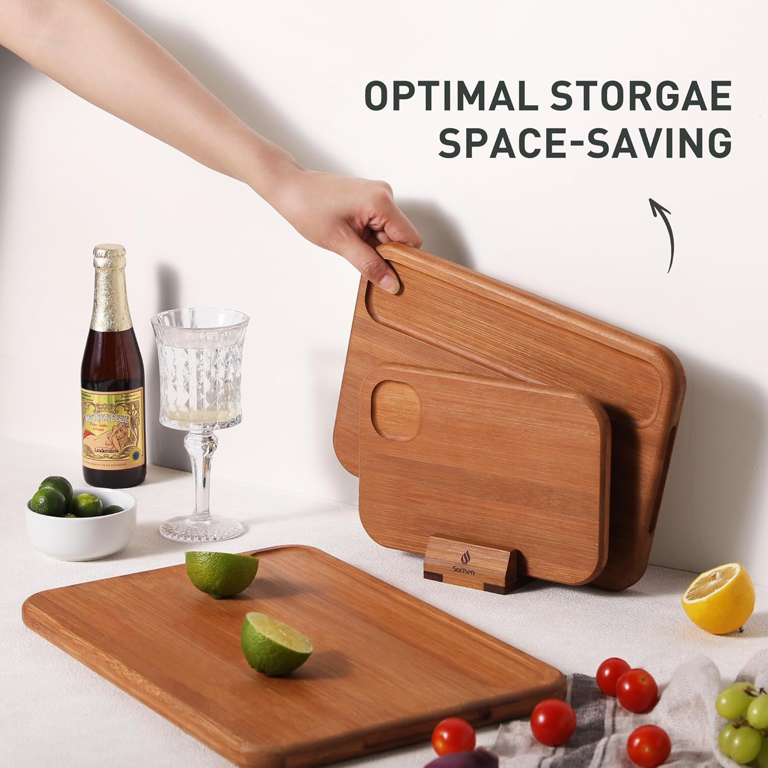 3 Packs Bamboo Cutting Board Set with Holder Nice Solid Thick Wood Deep Juice Groove & Built-In Handles Chopping Board Large Big Small Best Hardwood Kitchen Counter Organic Vegetable Meat BBQ Kit