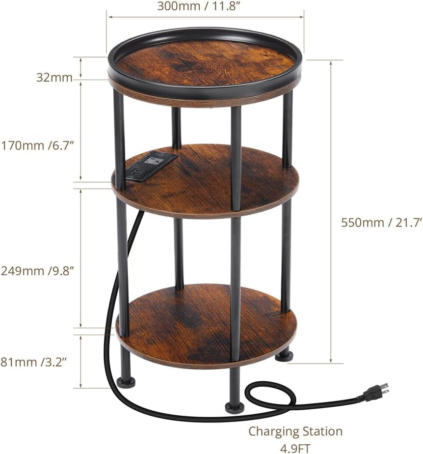 Small round Side Table with Charging Station for Small Spaces, 3-Tier round Accent Table with USB Ports & Power Outlets, Corner Table Sofa End Table for Living Room Bedroom (USB Charger, Rustic Brown)
