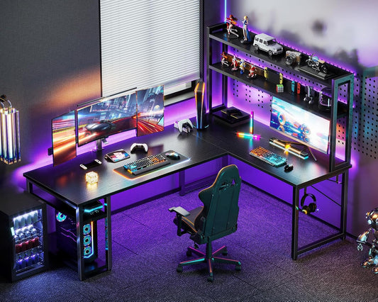 L Shaped Gaming Desk with Hutch, Computer Desk with Storage Shelves, 66" L Shaped Desk for Home Office, Corner Desk with Headphone Hook, Black