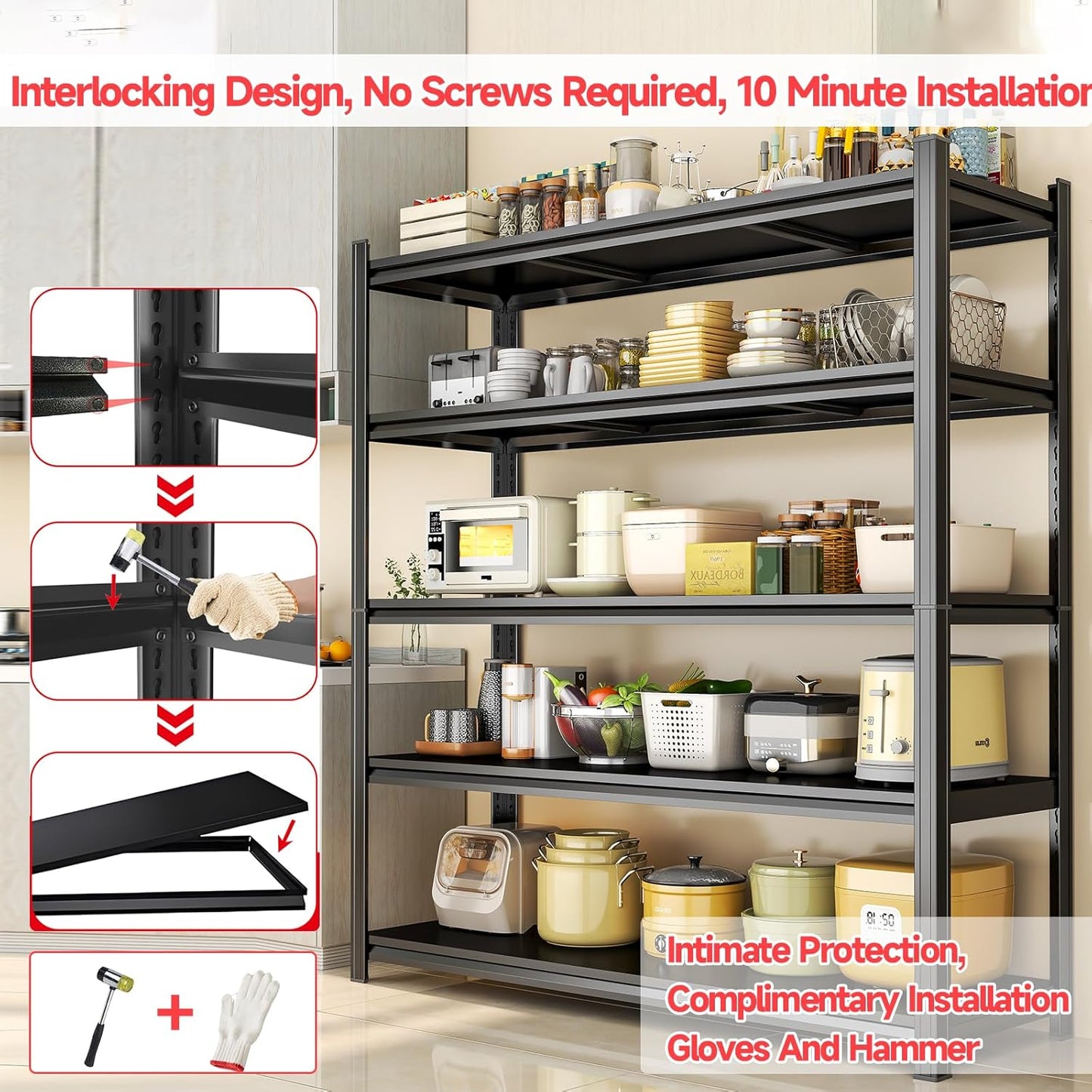 77.4" H Kitchen Shelving, Kitchen Storage Organization Metal Shelves Loads 2000LBS, Pantry Shelving Unit, 5-Tier Racks for Storage, Coffee Machine Storage Shelf Stand, Black