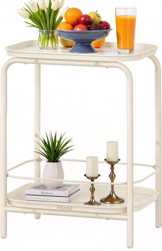 2-Tier Outdoor Table, Small Side End Table with Tray Storage, Bedside Nightstand for Living Room, Bedroom, Modern Style, Cream White ULET243W01