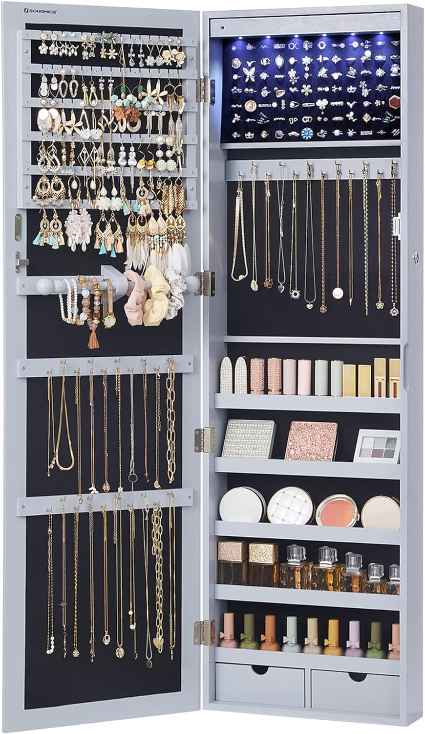 6 Leds Mirror Jewelry Cabinet, 47.2-Inch Tall Lockable Wall or Door Mounted Jewelry Armoire Organizer with Mirror, 2 Drawers, 3.9 X 14.6 X 47.2 Inches, White UJJC93W