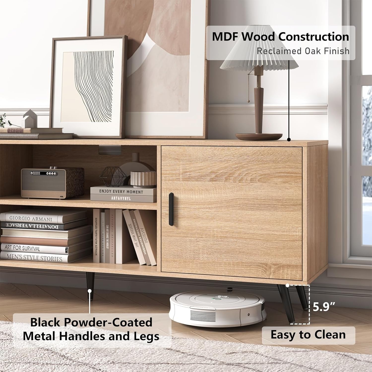 Mid Century Modern TV Stand - 70" for 75" TV, Wood with Storage, Entertainment Center for Living Room & Bedroom, Media Console, Oak