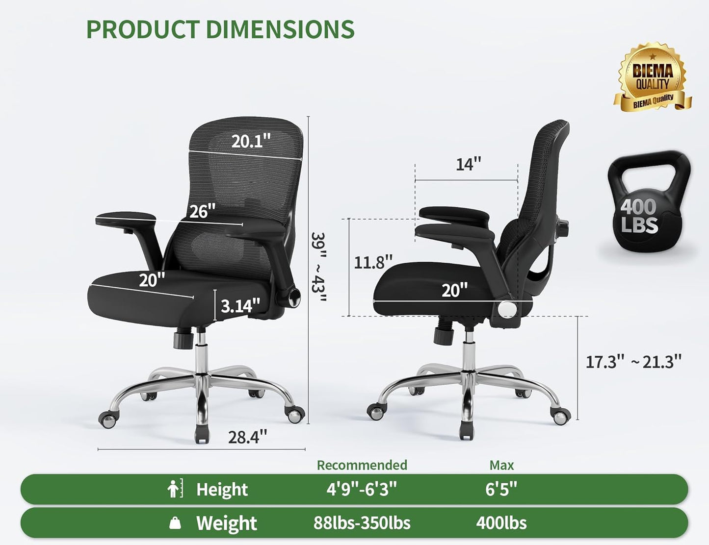 Office Chair Ergonomic Desk Chair Comfy: 400LBS Mesh Computer Chair Ergonomic Gaming Chairs with Wheels Adjustable Lumbar Support and Flip up Armrest-Swivel Executive Chairs Long Hours(Black)