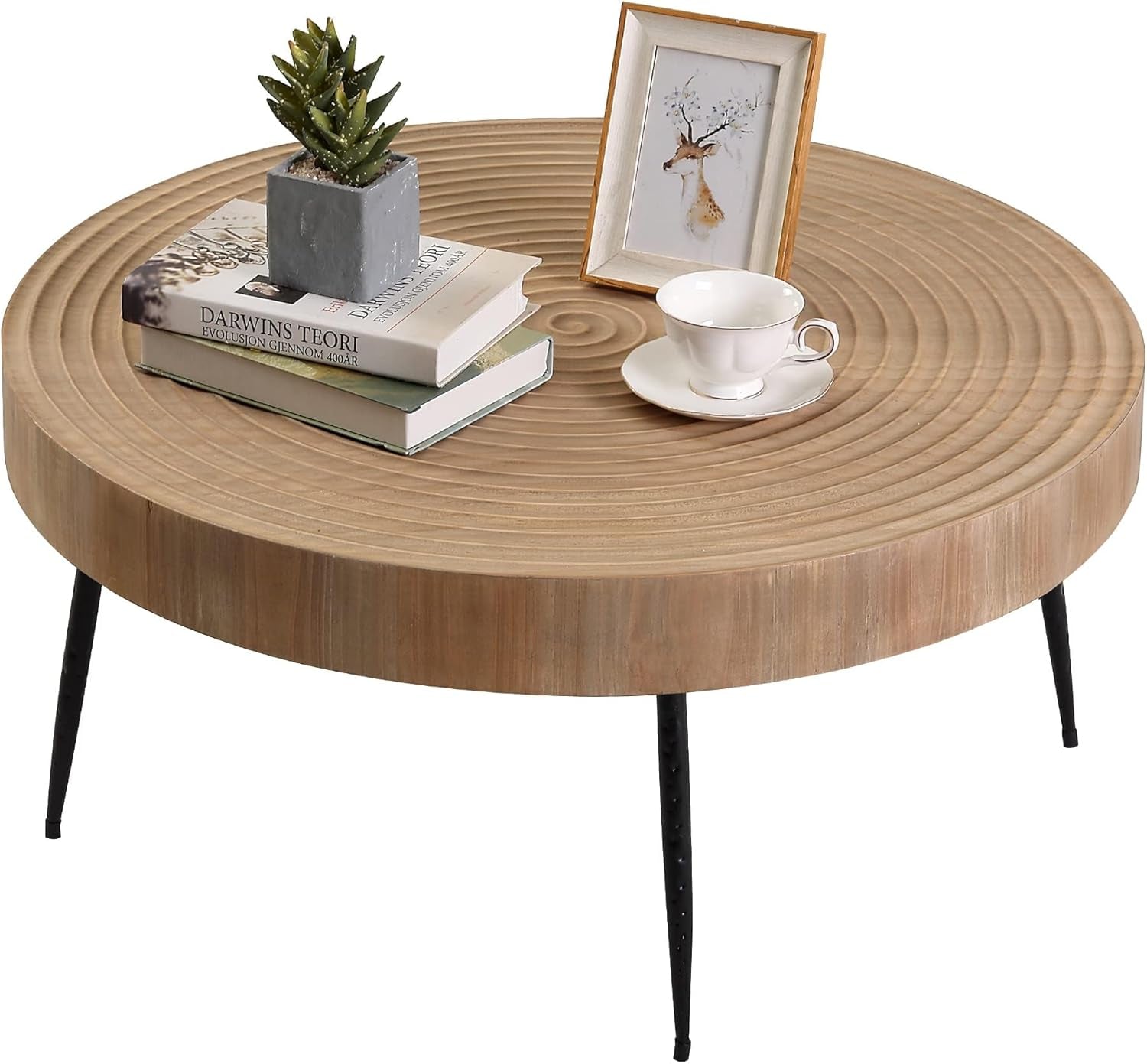 Farmhouse round Coffee Table Set of 2, Cocktail Table Set, Modern Circle Natural Wood Finsh Side and End Table Sets for Living Room(Helical, Natural)