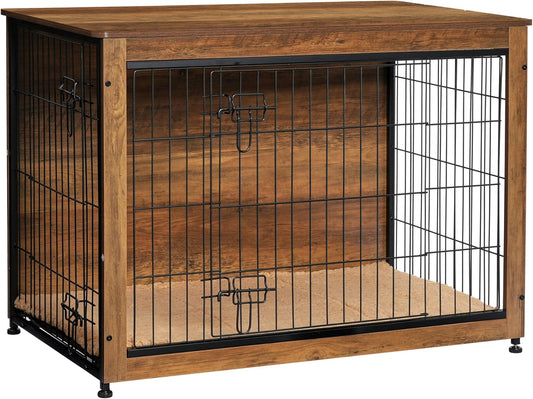 Dog Crate Furniture with Cushion, Wooden Kennel Table with Double Doors, Indoor Dog House, Large Size, 38.5" L, Warm Brown