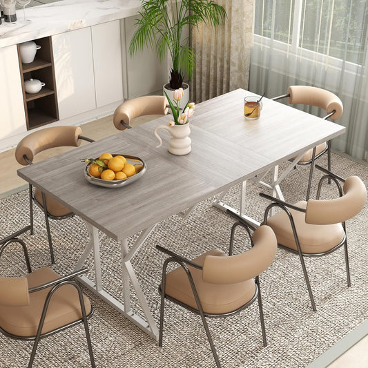 47"-63" Expandable Dining Table for 4-6 People, Farmhouse Extendable Dining Room Table with Heavy Duty Metal Trestle Base, Rectangle Kitchen Table, Distressed Gray