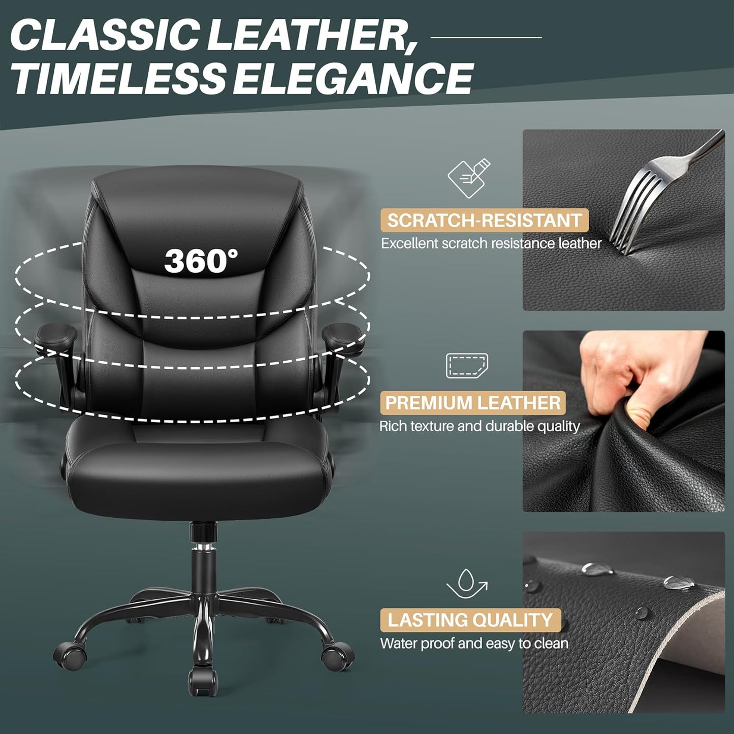 Leather Office Chair - Small PU Ergonomic Desk Chair, Comfy Computer Chair with Wheels and Flip-Up Armrests, Adjustable Height Mid Back Executive Office Chair for Short People-Black