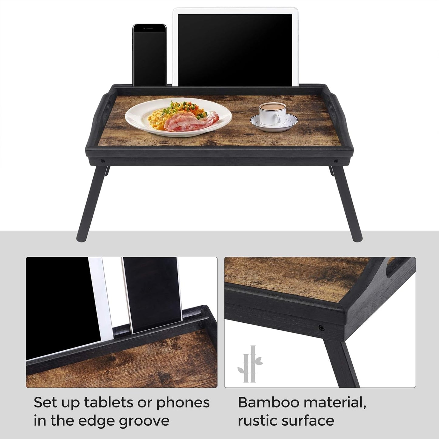 Bed Tray Table with Bamboo Folding Legs, Sofa Breakfast Tray, Serving Tray with Groove for Phone Tablet, Rustic Dark Brown ULLD111B01