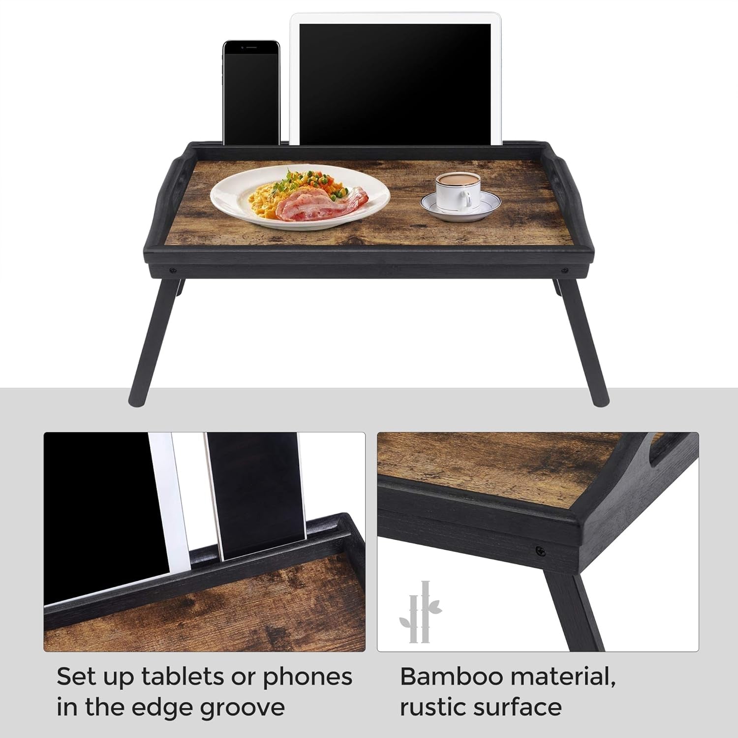 Bed Tray Table with Bamboo Folding Legs, Sofa Breakfast Tray, Serving Tray with Groove for Phone Tablet, Rustic Dark Brown ULLD111B01