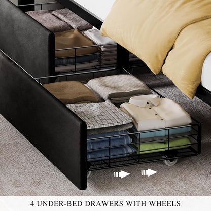 Queen Size Bed Frame with 4 Drawers and RGB LED Lights, Velvet Upholstered Platform Bed with Charging Station and Storage Headboard, No Box Spring Needed, Easy Assembly, Noise-Free, Black