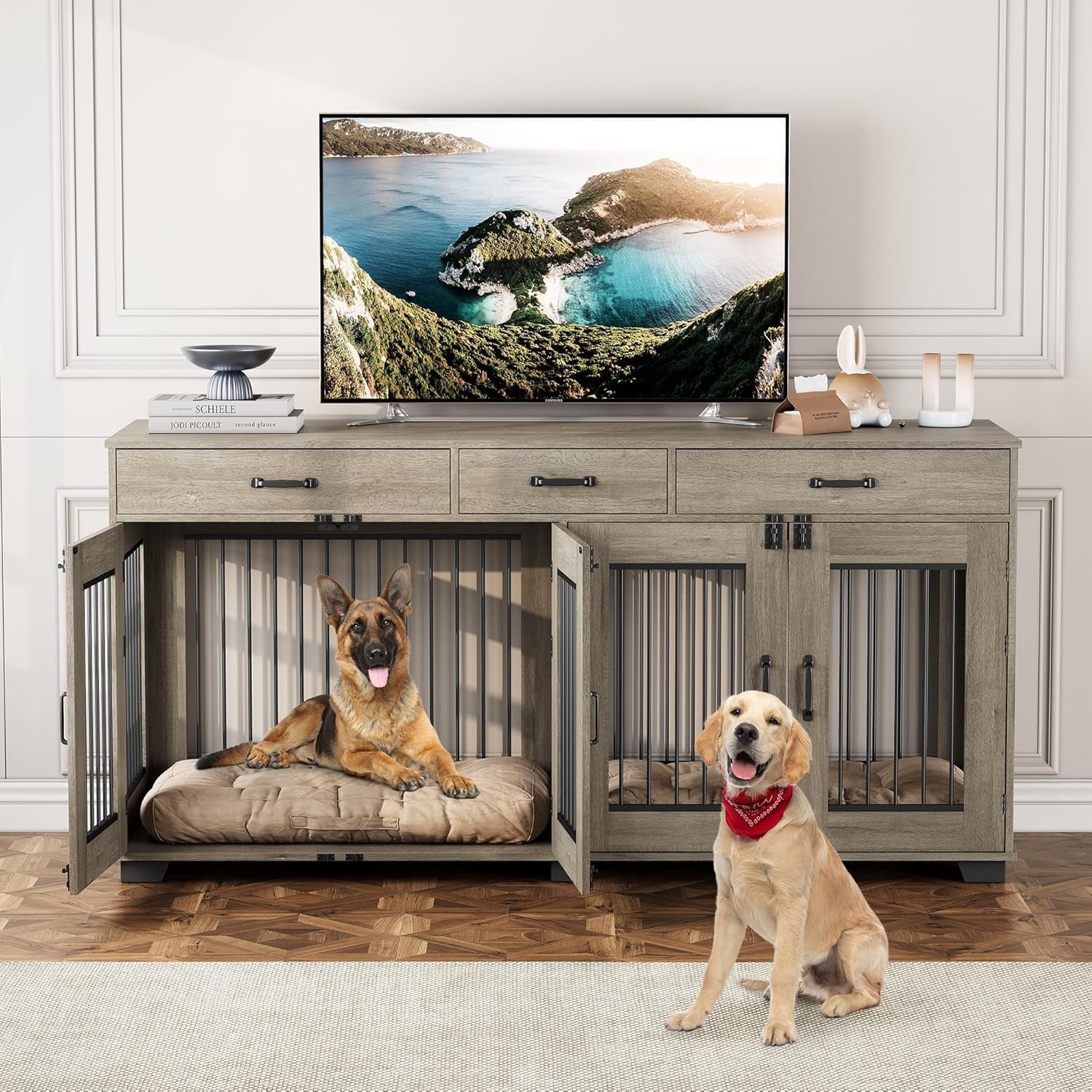 71'' Double Dog Crate Furniture, Large Dog Kennel Indoor with 3 Storage Drawers and Removable Divider for 2 Dogs, Heavy Duty Decorative Dog House TV Stand Side Table for Medium Large Dogs, Grey