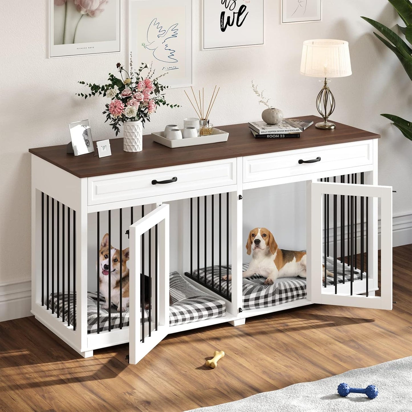 Large Dog Crate Furniture, 64.6" Wooden Heavy Duty Dog Crate Kennel Cage Furniture with 2 Drawers and Divider, for Medium Dog or 2 Small Dogs Indoor
