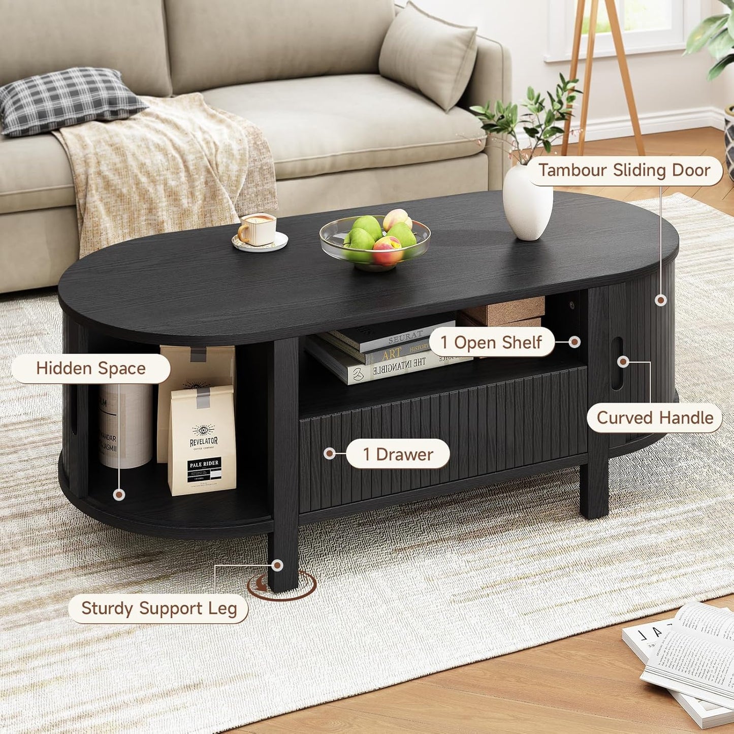 47.2 Inch Oval Coffee Table with Storage, Mid Century Modern Coffee Table with Drawer, Center Table with Sliding Door and Wood Fluted Handle for Living Room, Black