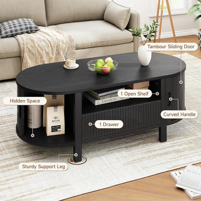 47.2 Inch Oval Coffee Table with Storage, Mid Century Modern Coffee Table with Drawer, Center Table with Sliding Door and Wood Fluted Handle for Living Room, Black