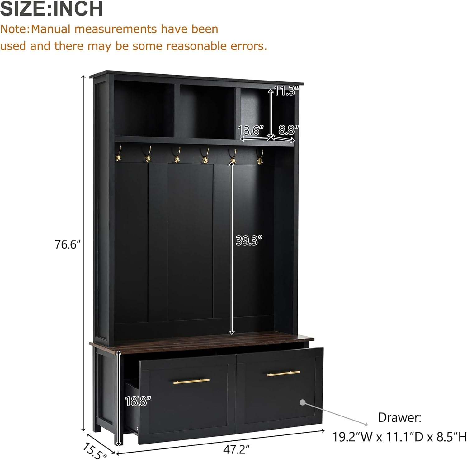 Modern 4-In-1 Storage Hall Tree with Bench, Versatile Multiple Space with 6 Golden Hooks, 2 Drawers, Entryway Coat Rack for Living Room, Hallway, Black