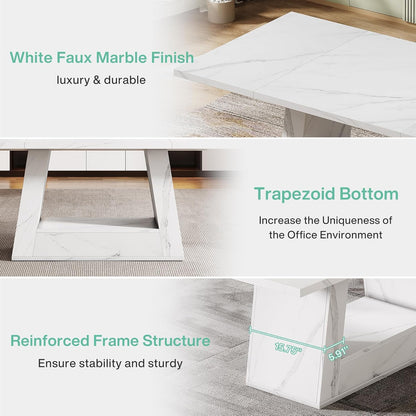 Modern Computer Desk, 63-Inch Large Office Desk Workstation, Simple Style Executive Desk Study Table with Sturdy Base, Wooden Faux Marble Writing Desk for Home Office, White
