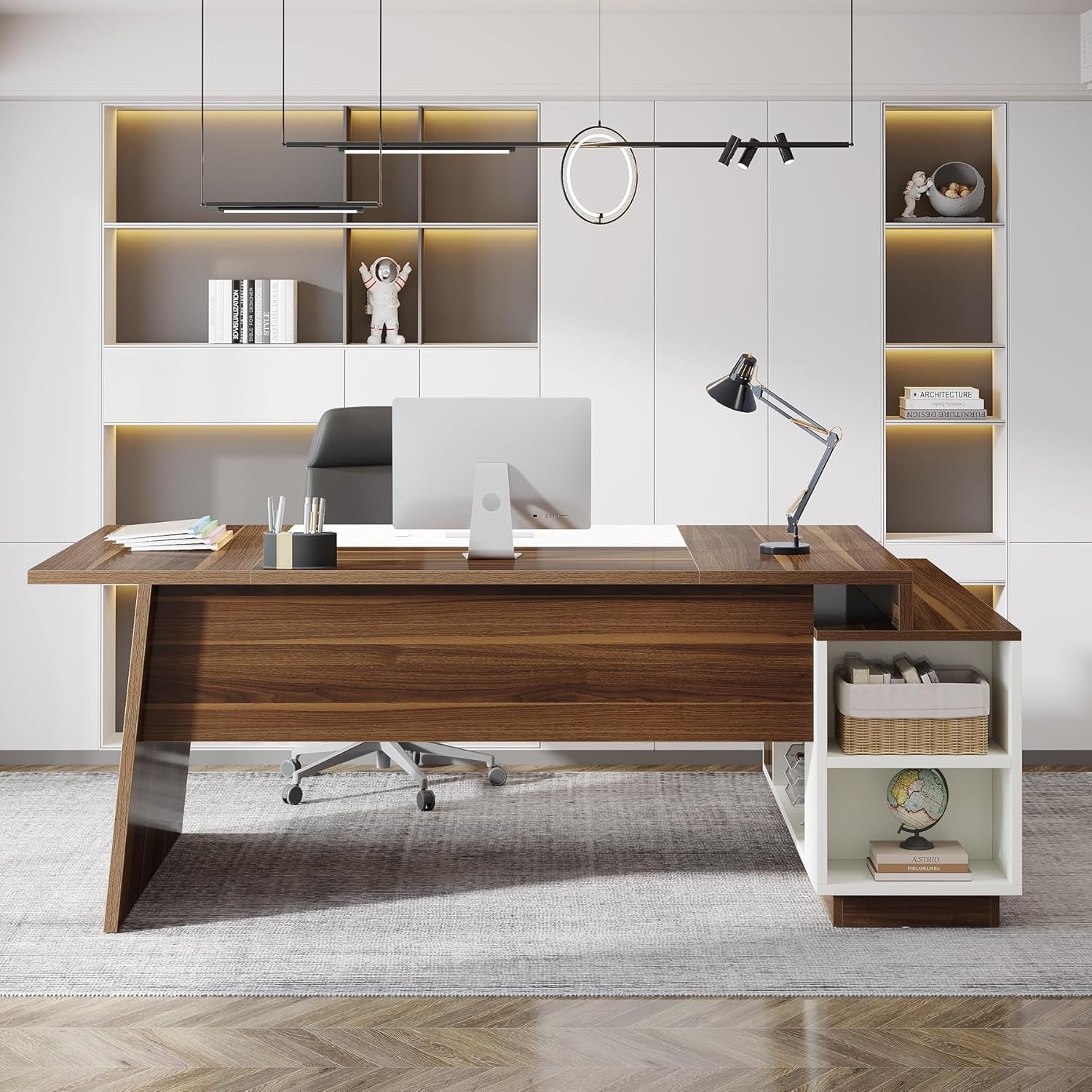L-Shaped Executive Office Desk, 70.5-Inch Mid-Century Modern Executive Desk with Storage Cabinet and Shelves, Large Computer Desk for Home Office, Brown + White