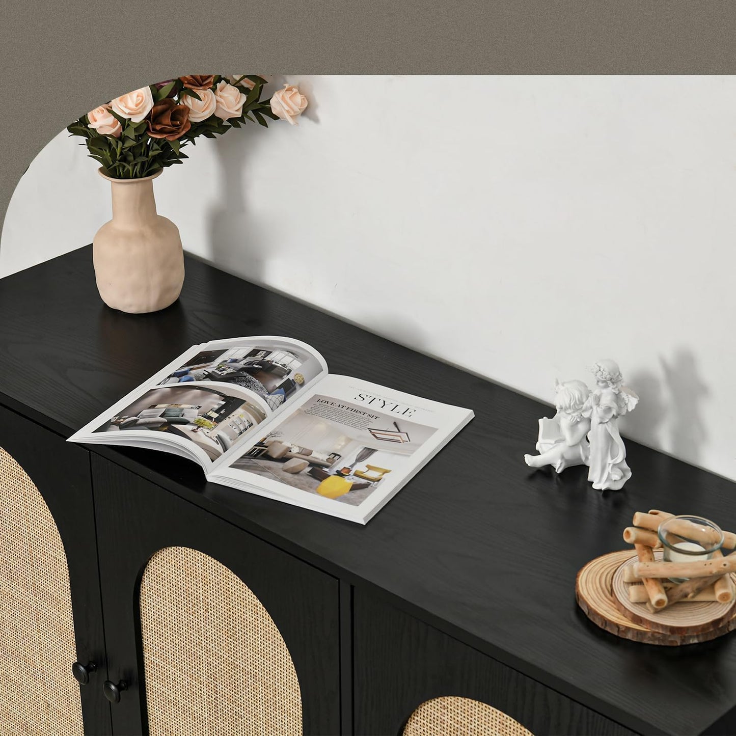 Black Rattan Buffet Cabinet, Rattan 3 Doors Buffet Cabinet with Storage, 47'' Sideboard with Adjustable Shelf for Kitchen, Living Room