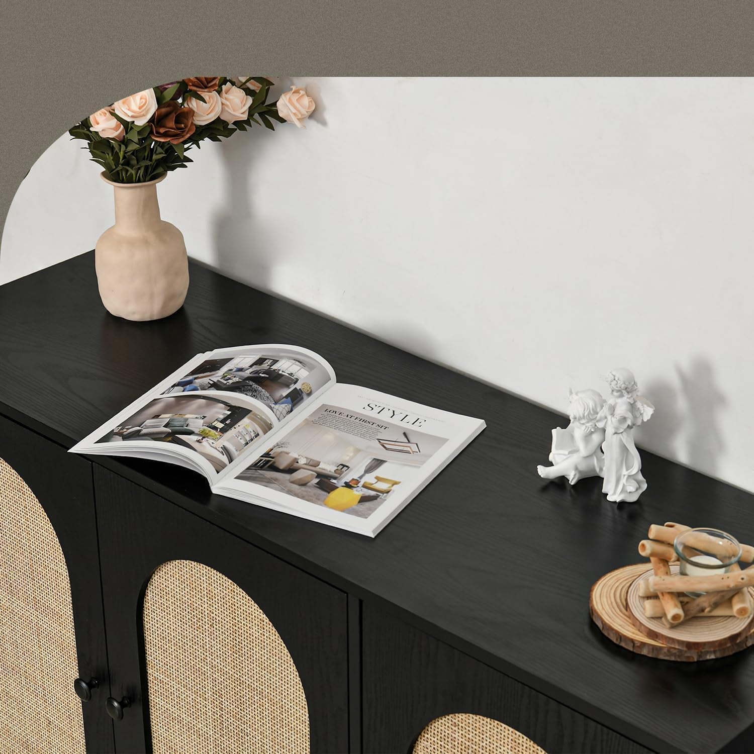Black Rattan Buffet Cabinet, Rattan 3 Doors Buffet Cabinet with Storage, 47'' Sideboard with Adjustable Shelf for Kitchen, Living Room
