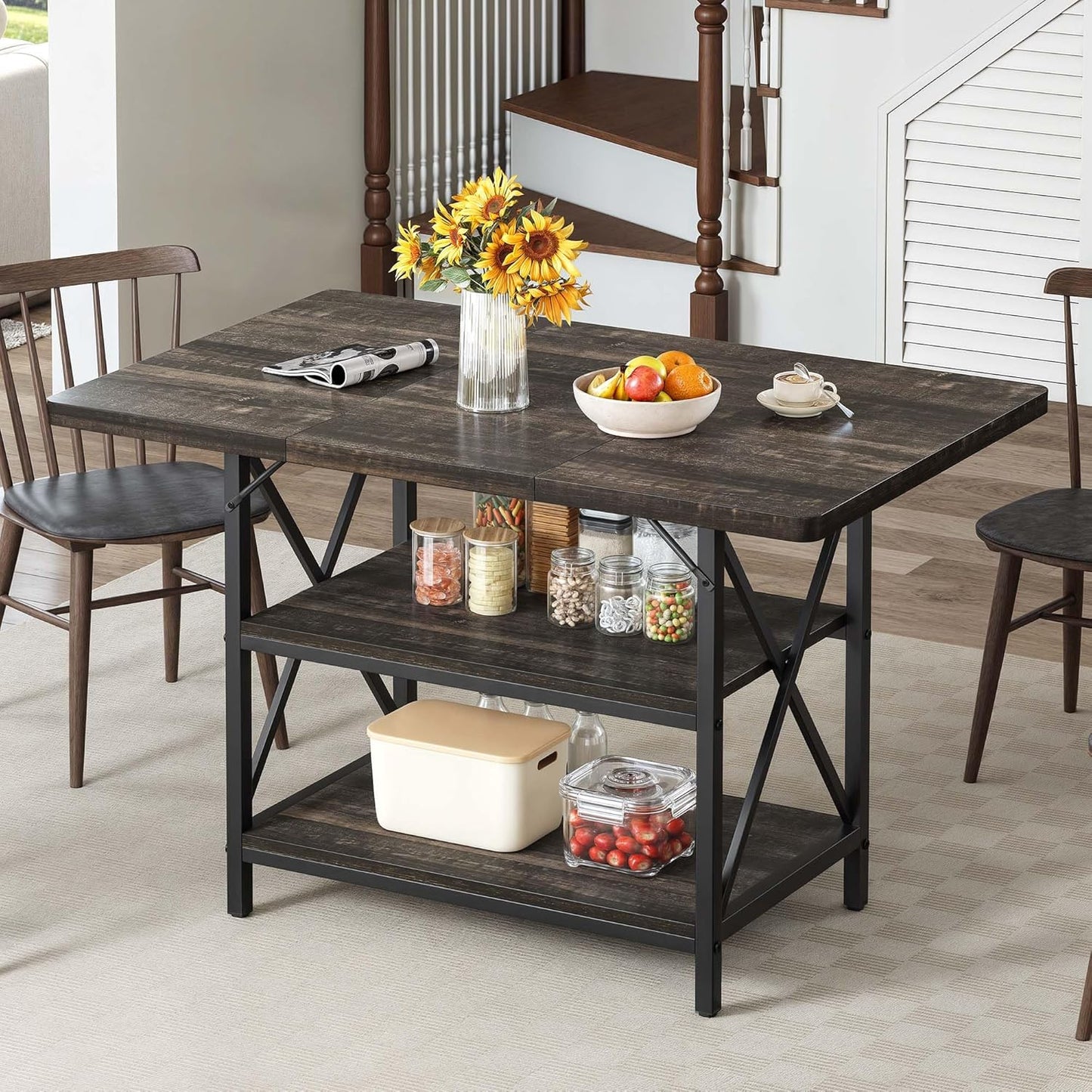 Dining Room Table 47 Inch Rectangle Dining Table for 4 People Farmhouse Rustic Kitchen Table with Storage Shelf and Heavy Duty Metal Legs for Home Apartment