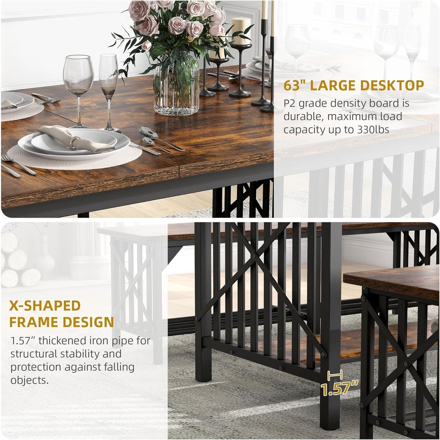 3-Piece Dining Table Set for 4-6 People, 63" Dining Room Table with 2 Benches, Industrial Rectangular Dining Room Table Set with Storage for Kitchen, Dining Room, Washed Grey