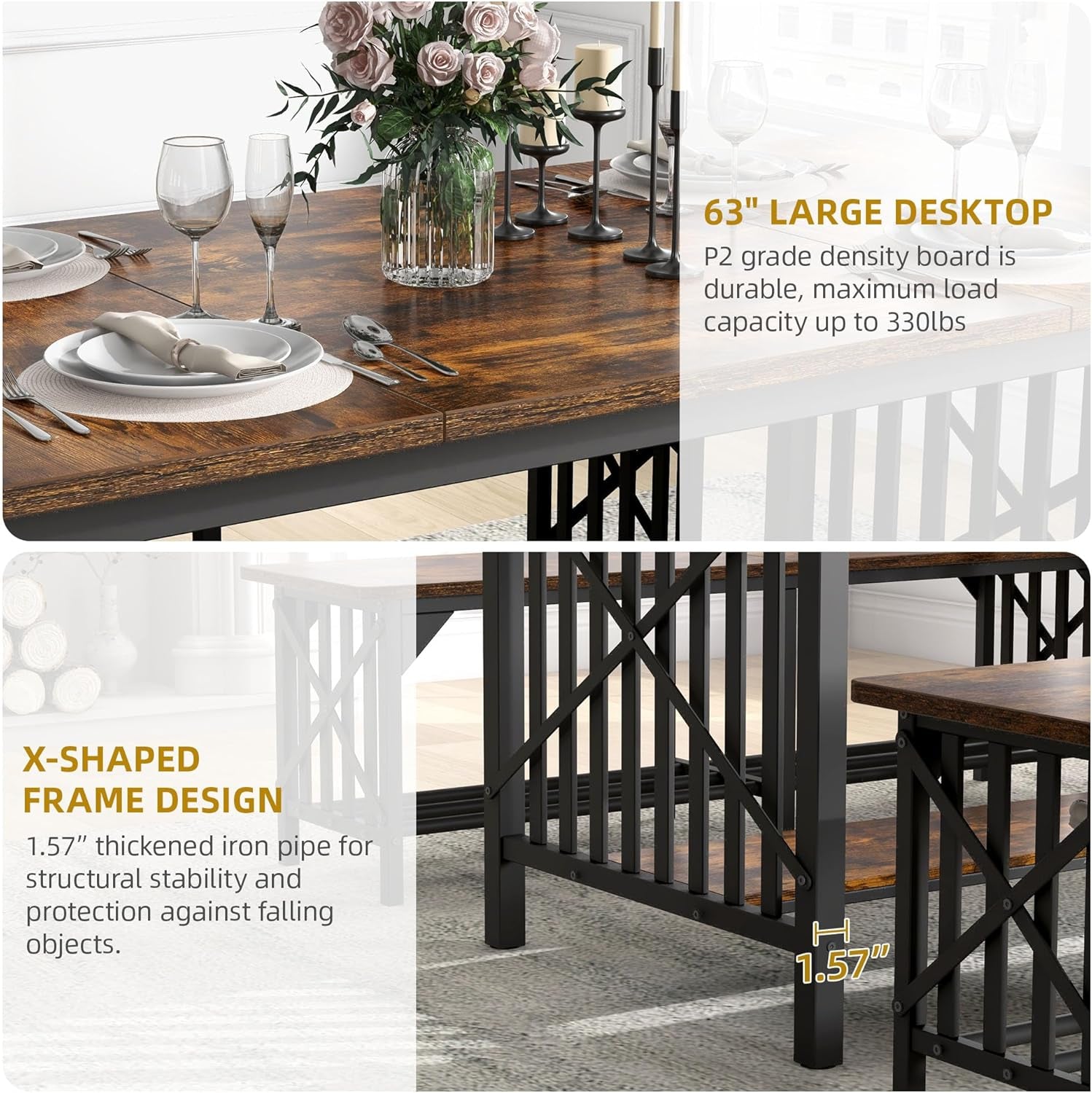 3-Piece Dining Table Set for 4-6 People, 63" Dining Room Table with 2 Benches, Industrial Rectangular Dining Room Table Set with Storage for Kitchen, Dining Room, Washed Grey