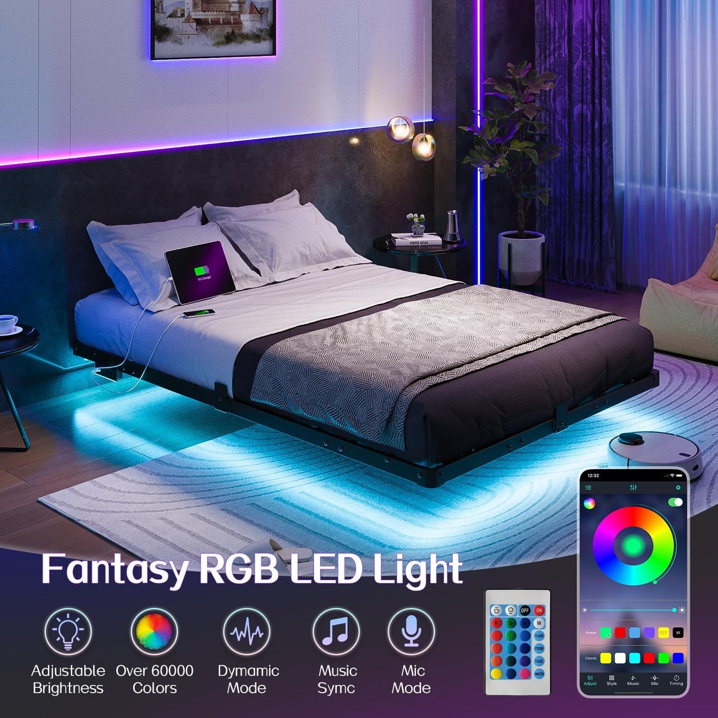 Full Size Modern Floating Bed Frame with Smart LED Lights, USB Charging Station, Sturdy Metal Platform, No Box Spring Needed, and Easy Assembly
