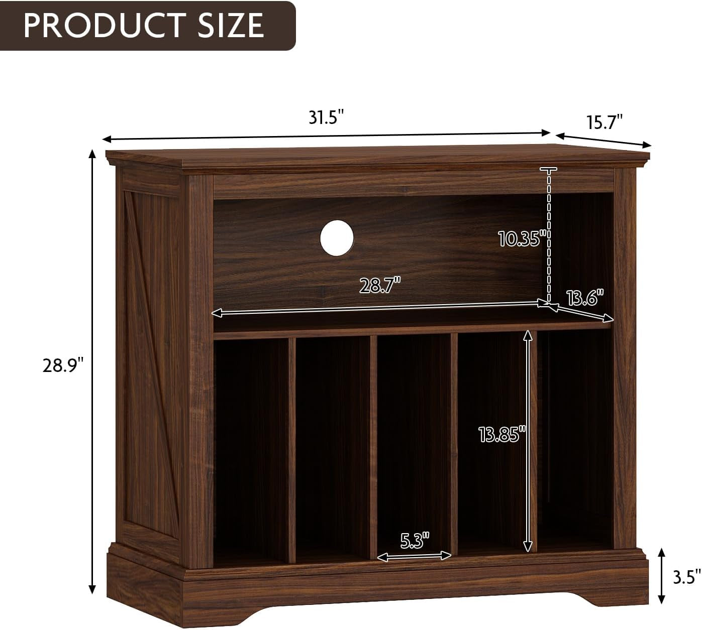 Large Farmhouse Record Player Stand, Turntable Stand with Vinyl Storage, Wood Record Holder Storage Cabinet Dispaly Shelf for Living Room, Bedroom, Office, Brown