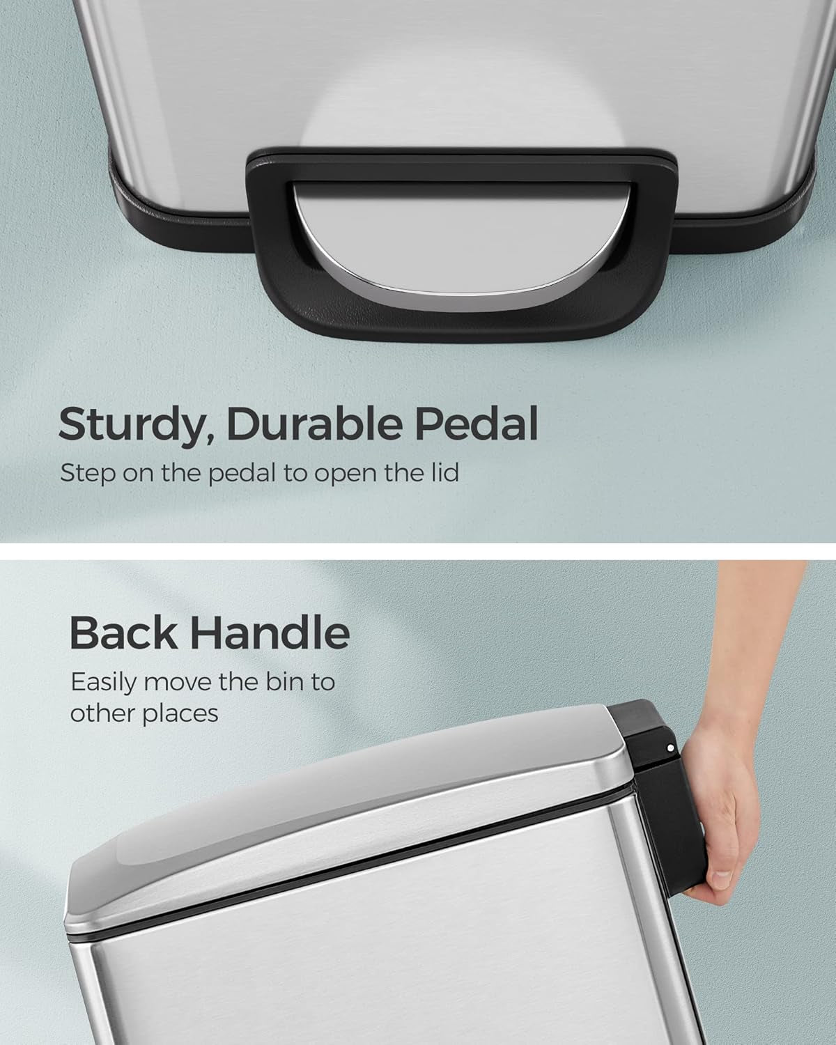 Slim Trash Can, 13-Gallon (50 L) Garbage Can for Narrow Spaces with Soft-Close Lid, Inner Bucket, and Step-On Pedal, Stainless Steel, 15 Trash Bags Included, Silver ULTB510E48