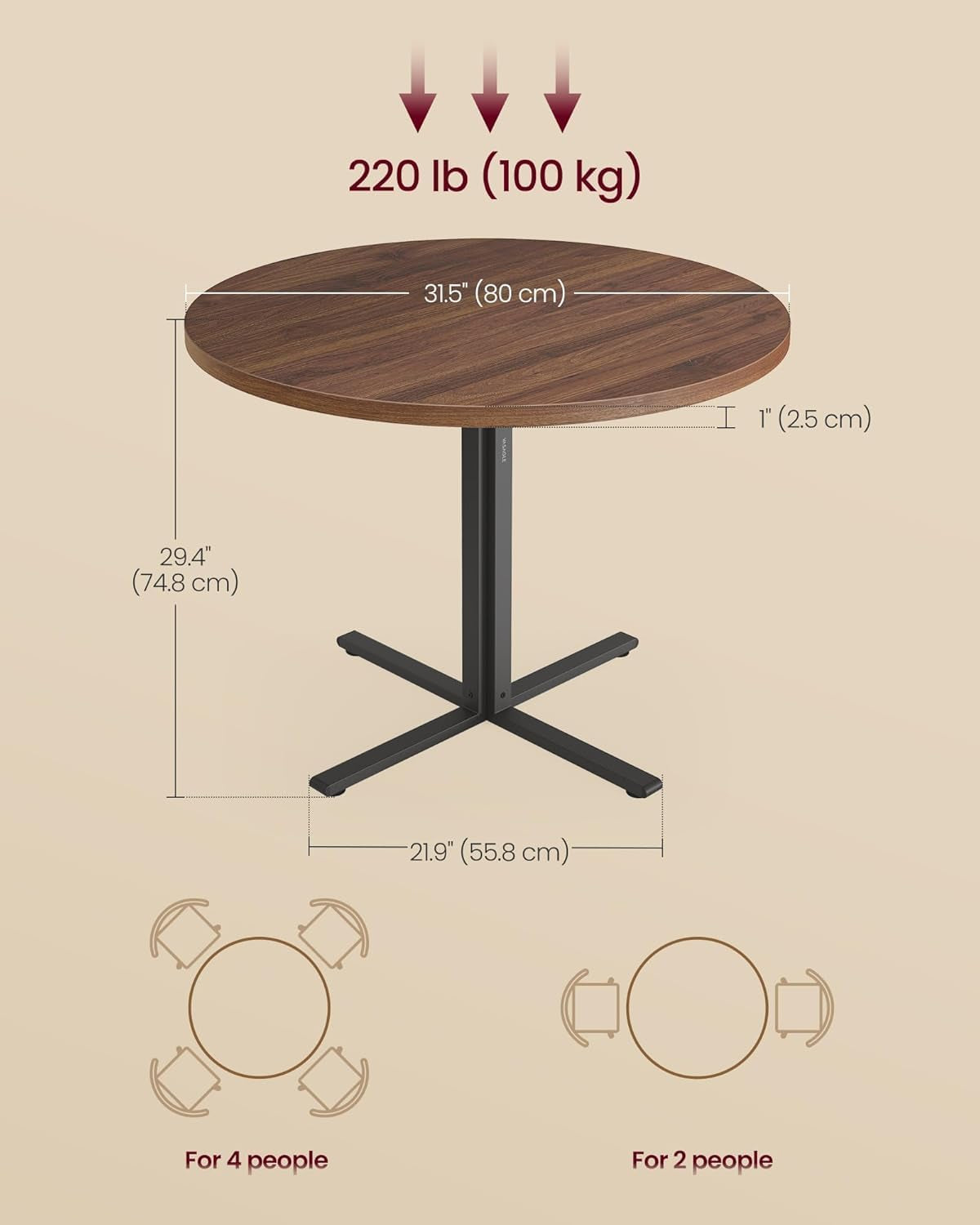 Dining Table, Small round Kitchen Table for 4 People, 31.5 X 29.4 Inches, for Dining Room, Living Room, Farmhouse, Water-Resistant, Somber Walnut UKDT082K01V1
