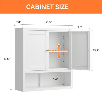 Metal Bathroom Storage Cabinet, Freestanding Pantry Floor Cabinet with 4 Doors and 2 Adjustable Shelves for Living Room, Dining Room, Kitchen (White, 43.3" H-4 Doors)