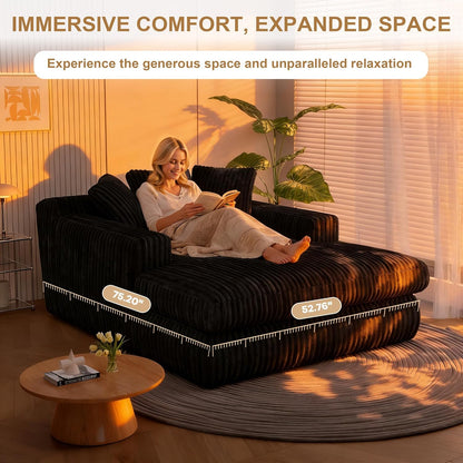 76" Oversized Chaise Lounge Chair Indoor, Cloud Boneless Sleeper Couch Corduroy Upholstered Sofa Bed Deep Seat Comfy Reading Chair with 3 Pillows for Living Room Bedroom, Black