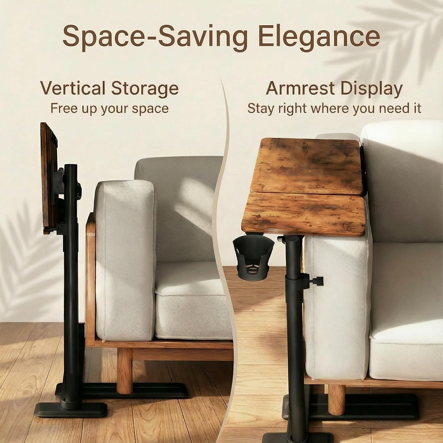 Height Adjustable Overcouch Armrest Table Tray – Tilting Top Swivel Table for Recliner, Sofa, Laptop, Slide under Side Table for Eating, Reading, Snacking, Recovery Use (Rustic Brown)