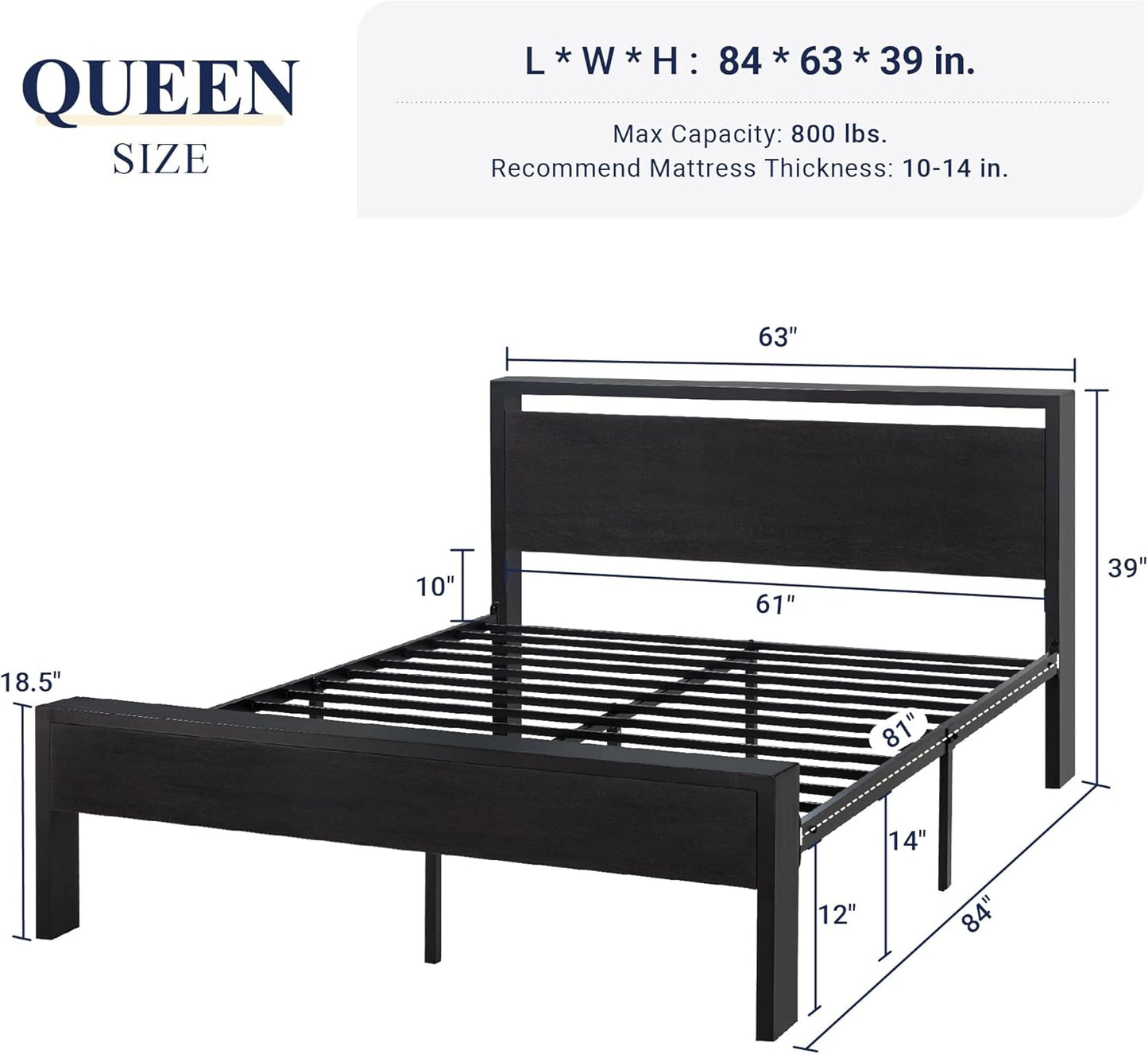 Queen Size Platform Bed Frame with Wooden Headboard and Footboard, Heavy Duty 12 Metal Slats Support, No Box Spring Needed, Under-Bed Storage, Noise Free, Easy Assembly, Black Oak