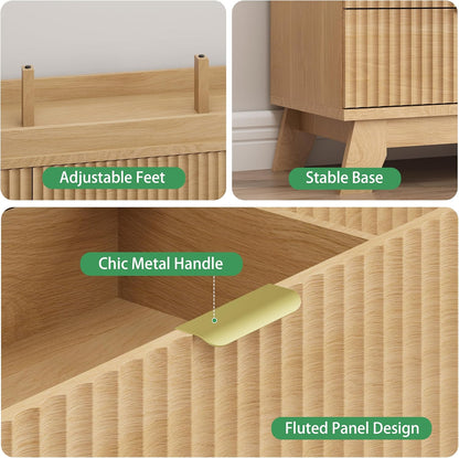 Fluted Dresser for Bedroom with 9 Drawers, 57" Wide Modern Chest of Drawers with Metal Handle, Wooden Dresser TV Stand, Wood Closet Clothes Storage Organizer for Living Room, Hallway, Natural Oak