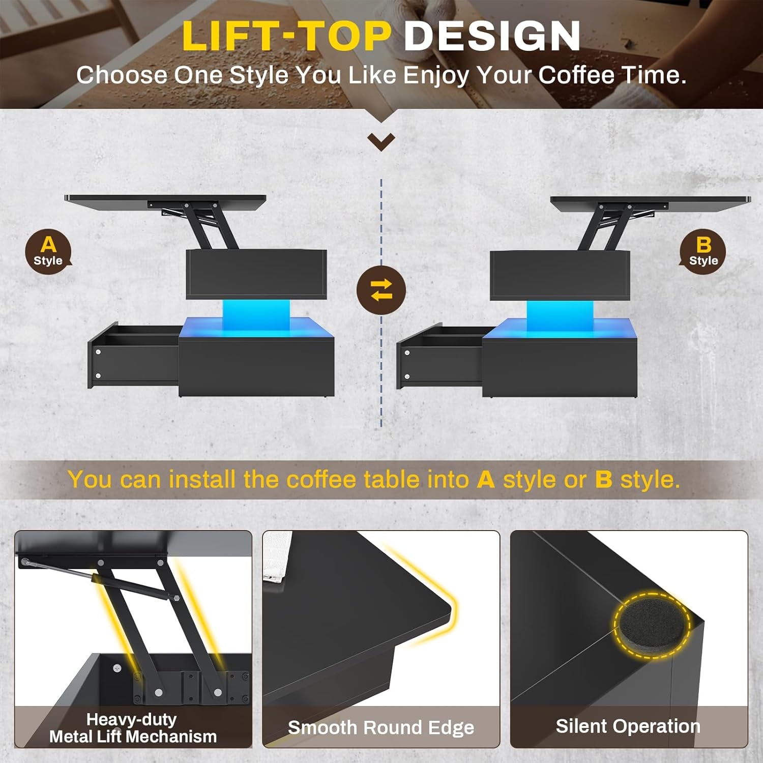 40" Lift Top Coffee Table, Coffee Tables with Storage for Living Room, Small Coffee Table with 2 Drawers & LED Light for Dining Reception Room, Black