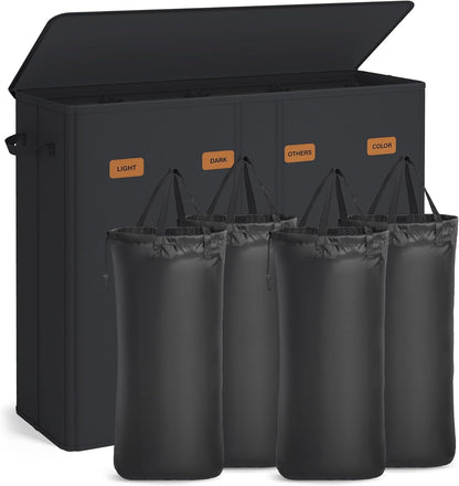 55.4 Gallon (210 L) Laundry Hamper, 4-Compartment Laundry Basket Sorter with Lid, Labels, Removable Liner Bags, for Bedroom, Ink Black URLH014B01