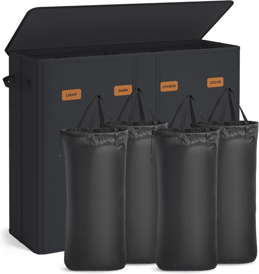 55.4 Gallon (210 L) Laundry Hamper, 4-Compartment Laundry Basket Sorter with Lid, Labels, Removable Liner Bags, for Bedroom, Ink Black URLH014B01