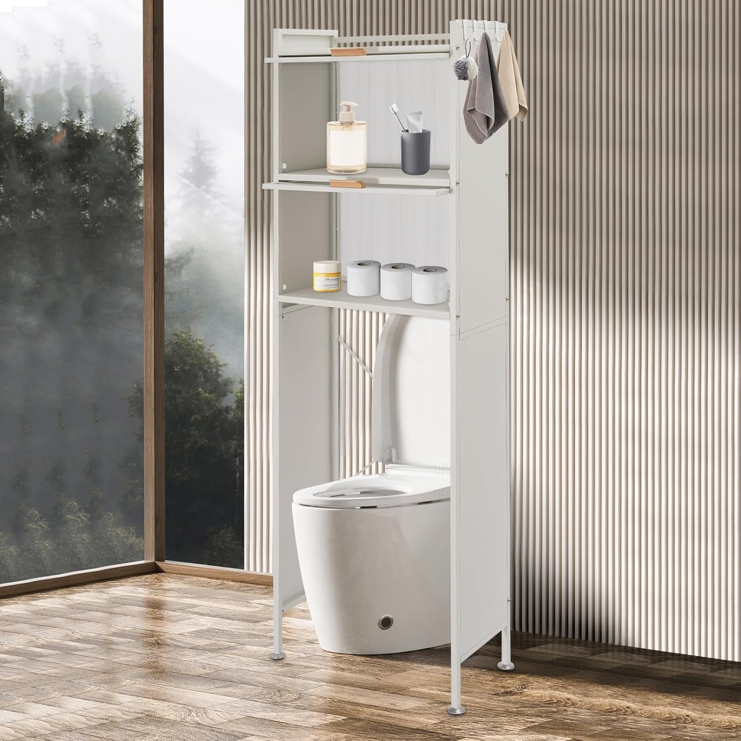 Over the Toilet Storage Cabinet with Flip Door, Metal Bathroom Shelf Organizer, Space Saver Freestanding Rack above Toilet Storage Cabinet with X-Shaped Crossbar (Black)