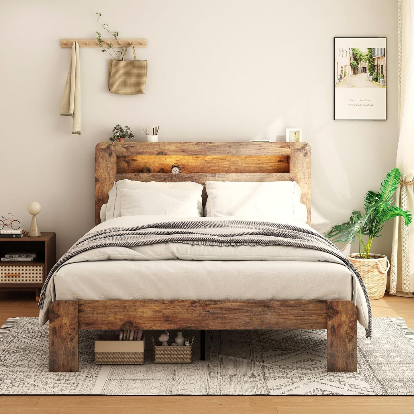 Wooden Bed Frame Queen Size with Storage Headboard, Farmhouse Platform Bedframe with Bookcase Shelf & Led Lights, Sturdy Wood Slat Framework Bed Frame (Rustic Brown)