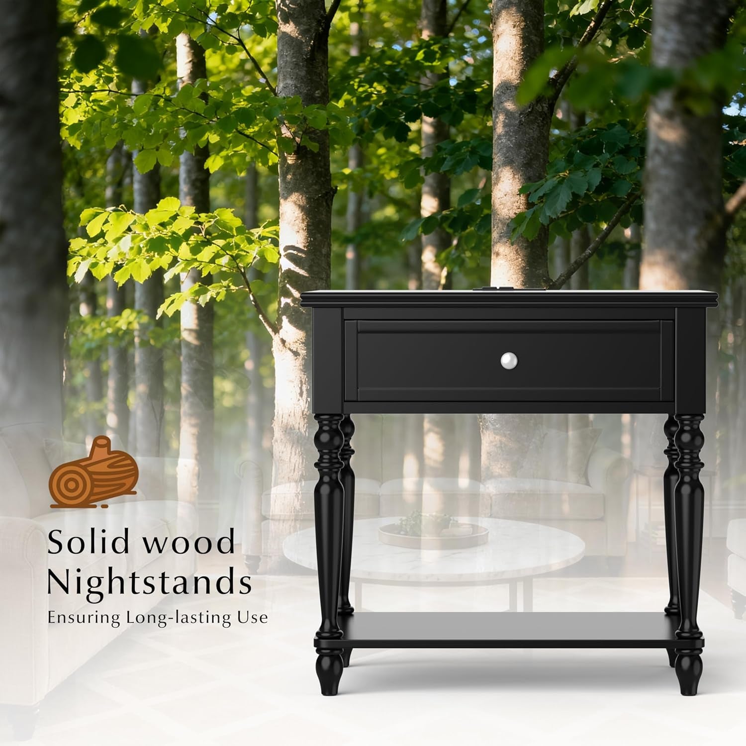 Solid Wood Nightstand with Charging Station, Traditional End Table with Drawers and Open Shelf, Bedside Table with Storage, Modern Side Table for Bedroom Set of 2, Black